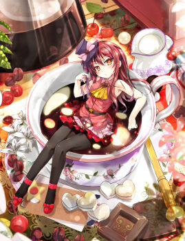1girl ascot bare_arms bare_shoulders black_pantyhose bow breasts brown_eyes cafe-chan_to_break_time cafe_(cafe-chan_to_break_time) cherry chocolate coffee coffee_beans coffee_pot collared_shirt commentary_request cup female_focus fingernails food fruit gradient_hair hand_up head_tilt heart highres in_container in_cup long_hair looking_at_viewer mini_person minigirl multicolored_hair nail_polish pantyhose pink_hair pink_nails pink_shirt pleated_skirt porurin purple_skirt red_bow red_hair red_shoes saucer shirt shoes skirt sleeveless sleeveless_shirt small_breasts solo star_(symbol) yellow_ascot