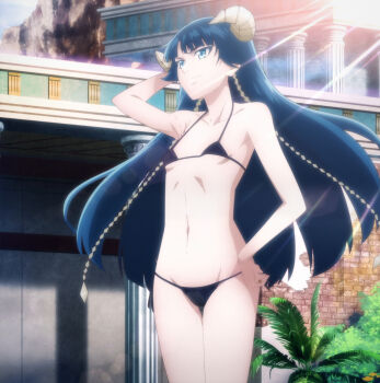 Rule 34 | 1girl, anime screenshot, arm behind head, armpits, bikini, black bikini, blue eyes, blue hair, breasts, cleavage, collarbone, dragon girl, dragon horns, hand on own head, hand on own hip, highres, horns, jewelry, kekkon yubiwa monogatari, micro bikini, model pose, navel, ring, saphir maasa, side-tie bikini bottom, small breasts, smile, stitched, stomach, swimsuit, thighs, third-party edit, underboob, wedding ring