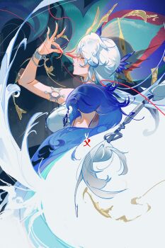 1girl absurdres aqua_nails breasts chinese_commentary closed_eyes commentary_request dress fur_shawl furioso highres honkai:_star_rail honkai_(series) jewelry large_breasts long_hair peacock_feathers_hair_ornament ring shawl solo string string_of_fate very_long_hair white_dress white_hair yao_guang_(honkai:_star_rail)
