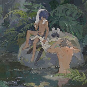 Rule 34 | 2boys, 4sssst, ass, blue eyes, blue hair, commentary request, completely nude, heterochromia, highres, male focus, metaphor: refantazio, multiple boys, nude, on rock, outdoors, partially submerged, protagonist (metaphor: refantazio), short hair, sitting, standing, strohl (metaphor: refantazio), unworn clothes, water, yellow eyes