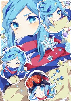 1boy beanie black_hat blue_eyes blue_hair blue_mittens blue_scarf border chibi chibi_inset goggles goggles_on_headwear grusha_(pokemon) hat highres jacket long_sleeves looking_at_viewer male_focus mittens multiple_views nintendo pokemon pokemon_(anime) pokemon_horizons pokemon_sv scarf scarf_over_mouth simple_background snowflakes solo striped_clothes striped_scarf to_camellia two-tone_scarf upper_body white_border yellow_background yellow_jacket