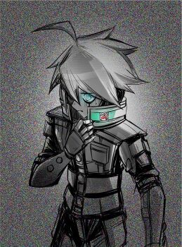 1boy ahoge android armor blue_eyes buttons commentary_request danganronpa_(series) danganronpa_v3:_killing_harmony gloves grey_background grey_hair hair_between_eyes hand_on_own_chest hungeronion jacket k1-b0 long_sleeves male_focus pants power_armor ringed_eyes robot_ears short_hair static upper_body