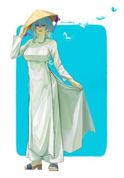 1girl absurdres alternate_costume ao_dai blue_background blue_butterfly blue_hair border breasts bug butterfly commentary full_body highres insect lennykaise medium_breasts medium_hair open_mouth purple_eyes shorekeeper_(wuthering_waves) smile solo standing twitter_username white_border wuthering_waves