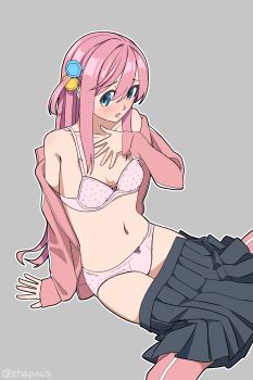 Rule 34 | 1girl, absurdres, artist name, black skirt, blue eyes, bocchi the rock!, bra, collarbone, gotoh hitori, grey background, highres, jacket, long hair, looking at viewer, navel, open mouth, panties, pants, partially undressed, pink bra, pink hair, pink jacket, pink panties, pink pants, shapoco, simple background, sitting, skirt, solo, underwear