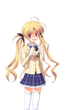 1girl antenna_hair black_bow blazer blonde_hair bow bowtie breasts brown_eyes brown_jacket chaos;head collared_shirt crazy_eyes crazy_smile dress_shirt game_cg hair_bow jacket looking_at_viewer matsuo_yukihiro miniskirt non-web_source official_art open_mouth orihara_kozue partially_shaded_face petticoat plaid_bow plaid_bowtie plaid_clothes plaid_skirt purple_bow purple_bowtie school_uniform science_adventure shirt skirt small_breasts smile solo sprite suimei_academy_school_uniform thighhighs transparent_background twintails white_shirt white_thighhighs winter_uniform zettai_ryouiki