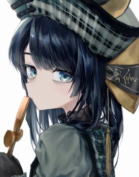 1girl blue_dress blue_hair blue_hat character_request closed_mouth commentary copyright_request cross dress from_side hat highres holding holding_cross long_hair looking_at_viewer okubatomaeba parted_bangs portrait simple_background solo swept_bangs symbol-only_commentary white_background