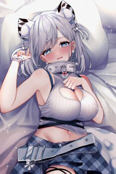 1girl absurdres armpits artist_request bangle bare_arms bare_shoulders bed_sheet belt blue_eyes blue_skirt blush bra_strap bracelet breasts cleavage cleavage_cutout clothing_cutout collar crop_top extra_ears fangs hand_on_own_chest hand_up heart heart-shaped_pupils heart_cutout highres indie_virtual_youtuber jewelry large_breasts looking_at_viewer loose_belt lying medium_hair midriff mole mole_under_eye navel on_back on_bed open_fly open_mouth pillow plaid_clothes plaid_skirt ren_kohaku_(vtuber) ribbed_shirt second-party_source shirt skirt sleeveless sleeveless_shirt snow_leopard_ears snow_leopard_girl snow_leopard_tail solo symbol-shaped_pupils unmoving_pattern virtual_youtuber white_collar white_hair white_shirt