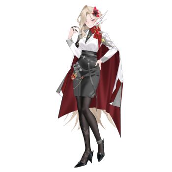 1girl absurdres alternate_costume belt blonde_hair bow breasts coat coat_on_shoulders commission commissioner_upload eyelashes flower formal_clothes full_body genshin_impact hair_flower hair_ornament hand_on_own_hip high_heels highres jacket jewelry light_smile long_bangs long_coat long_hair long_sleeves looking_at_viewer mature_female mechanical_ears medium_breasts neck_ribbon non-web_source pantyhose pendant petite pink_eyes rhan ribbon signora_(genshin_impact) skirt solo suit suit_jacket transparent_background vision_(genshin_impact)