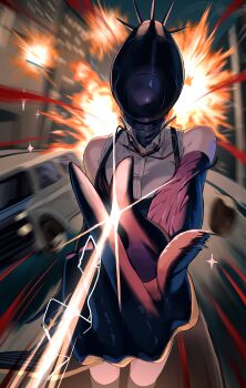 1girl absurdres apron black_apron bomb bomb_devil_(chainsaw_man) building car chainsaw_man collared_shirt cowboy_shot elbow_gloves energy_beam explosion explosive foreshortening gloves highres motion_lines motor_vehicle natoriusu_sansei neck_ribbon object_head ribbon road shirt sleeveless sleeveless_shirt snapping_fingers solo sparkle sports_utility_vehicle white_shirt