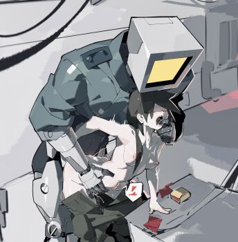 1boy 1girl black_hair blue_jacket blush breasts cargo_pants clothes_pull commentary condom condom_wrapper cum ejaculation english_commentary finger_in_another's_mouth from_above from_side hand_on_another's_waist hetero highres humanoid_robot indoors jacket leaning_forward long_hair medium_breasts nipples open_mouth original pants pants_pull pipebomb_(cracker68659106) robot sex sex_from_behind standing standing_sex stomach_bulge vaginal