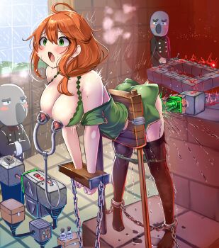 1girl 2boys absurdres ahoge alex_(minecraft) ankle_cuffs bare_shoulders bdsm black_thighhighs blazer block_(minecraft) bondage bound bound_wrists breasts breasts_out chain chained chained_ankles chained_cuffs cleavage cuffs dildo green_eyes green_shirt green_skirt highres indoors jacket large_breasts long_hair milking_machine minecraft monikano multiple_boys nipples no_bra open_mouth orange_hair pillager_(minecraft) pillory pussy_juice redstone_dust restrained sex_toy shirt skirt standing stationary_restraints teeth thighhighs upper_teeth_only window