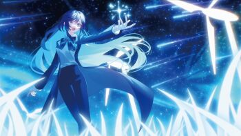 Rule 34 | 1girl, ado (utaite), blue coat, blue eyes, blue pants, chando (ado), coat, colored inner hair, commentary request, highres, long hair, multicolored hair, official art, open mouth, pants, sayu (snowman and mayu), shirt, sky, solo, star (sky), starry sky, utaite, white shirt