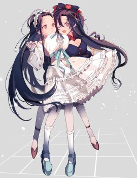 Rule 34 | 2girls, ahoge, amana raika, black bow, black dress, black hair, blue ribbon, blue shoes, blush, bow, breasts, brown eyes, buttons, cleavage, closed eyes, closed mouth, clothing cutout, commentary request, dress, eyelashes, falling petals, fang, flower, frilled dress, frilled hairband, frilled socks, frills, full body, genderswap, genderswap (mtf), grey background, hair bow, hair flower, hair ornament, hairband, high heels, highres, holding hands, kneehighs, lan wangji, large breasts, lolita fashion, long hair, long sleeves, looking at another, looking at viewer, modao zushi, multiple girls, one eye closed, open mouth, petals, ponytail, red bow, red flower, red shoes, ribbon, shoes, sidelocks, simple background, skin fang, smile, socks, standing, very long hair, wei wuxian, white dress, white socks, yellow eyes, yuri