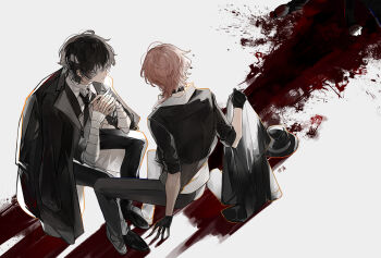 1other 2boys bandage_on_face bandage_over_one_eye bandaged_arm bandaged_neck bandages belt_collar black_coat black_hair black_jacket black_pants black_shoes blood blood_on_ground blood_on_shoes bungou_stray_dogs coat coat_on_shoulders collar collared_shirt commentary_request dazai_osamu_(bungou_stray_dogs) fedora footprints full_body grey_pants hat highres implied_death interlocked_fingers jacket looking_to_the_side male_focus multiple_boys nakahara_chuuya_(bungou_stray_dogs) one_eye_covered orange_hair own_hands_together pants shirt shoes short_hair simple_background sitting suit_jacket suyako_(suya93) unworn_hat unworn_headwear white_background white_shirt