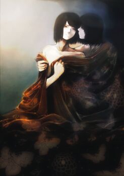 2girls amakura_mayu amakura_mio animal_print bare_shoulders black_hair breasts brown_eyes butterfly_print closed_mouth fatal_frame fatal_frame_ii:_crimson_butterfly gauss_&lt;bokashi multiple_girls short_hair siblings sisters twins