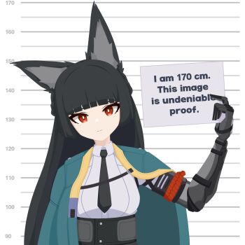 1girl absurdres animal_ears black_hair black_necktie breasts closed_mouth commentary denial english_commentary english_text fox_ears fox_girl gribberoni height_mark highres hoshimi_miyabi long_hair medium_breasts necktie red_eyes shirt solo white_shirt zenless_zone_zero