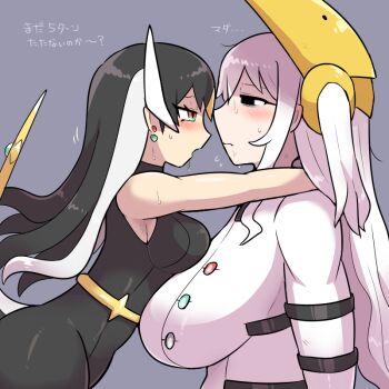 2girls arceus arms_around_neck asymmetrical_docking black_bodysuit black_eyes black_hair blush bodysuit breast_press breasts commentary drooling flying_sweatdrops gen_4_pokemon huge_breasts kasugai_(de-tteiu) legendary_pokemon long_hair makhia_(kasugai_(de-tteiu)) maria_(kasugai_(de-tteiu)) mask mask_on_head messy_hair multicolored_eyes multicolored_hair multiple_girls mythical_pokemon nintendo personification pokemon regigigas sidelocks sweat translated two-tone_hair two_side_up white_bodysuit white_hair yuri