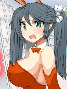 1girl animal_ears blue_eyes blue_hair blush breasts detached_collar fake_animal_ears hair_ribbon isuzu_(kancolle) isuzu_kai_ni_(kancolle) kantai_collection large_breasts leotard long_hair looking_at_viewer mushi_mushi_ex open_mouth outdoors playboy_bunny rabbit_ears rabbit_tail red_leotard ribbon solo strapless strapless_leotard tail twintails upper_body wrist_cuffs