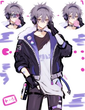 1boy black_choker black_gloves black_jacket black_pants blowing_bubble_gum blue-tinted_eyewear chewing_gum choker closed_mouth collarbone commentary_request cowboy_shot fur-trimmed_jacket fur_trim genderswap genderswap_(ftm) gloves goggles gradient-tinted_eyewear grey_eyes grey_hair hair_between_eyes hand_in_pocket hand_up headphones highres honkai:_star_rail honkai_(series) jacket jhenny345 long_shirt looking_at_viewer male_focus multiple_views pants pink-tinted_eyewear shirt short_hair silver_wolf_(honkai:_star_rail) spanish_commentary tinted_eyewear white_shirt