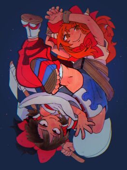 2girls absurdres arms_up belt black_eyes blue_background blue_skirt bow bowtie brown_hair brown_horns commentary_request cuffs curled_fingers detached_sleeves floating_hair gohei hair_bow hair_tubes hakama hakama_pants hakurei_reimu hands_up highres holding holding_gohei horn_ornament horns ibuki_suika inuyama_konan japanese_clothes low-tied_sidelocks multiple_girls oni orange_eyes orange_hair pants red_bow red_hakama sandals shackles shide shirt sidelocks simple_background skirt sleeveless sleeveless_shirt slit_pupils smile spread_fingers tabi thick_eyebrows touhou upside-down white_shirt zouri