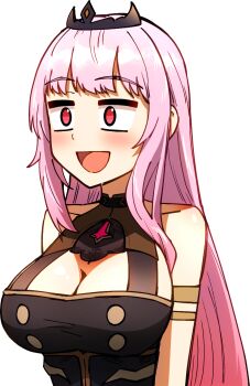 1girl :d arm_strap bare_shoulders black_dress black_tiara blush breasts buttons cleavage commentary ddolbang double-breasted dress english_commentary halter_dress halterneck highres hololive hololive_english large_breasts long_hair looking_ahead mori_calliope mori_calliope_(1st_costume) no_pupils open_mouth pink_hair red_eyes sidelocks sleeveless sleeveless_dress smile solo tiara transparent_background virtual_youtuber wide-eyed