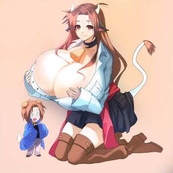1boy 1girl animal_ears artist_request bell boots borrowed_character breast_expansion breasts brown_eyes brown_hair bursting_breasts chibi chibi_inset cleavage clothes_around_waist collar cow_ears cow_girl cow_horns cow_tail cowbell dog_ears dog_tail ego_trigger gigantic_breasts graph_(graphiteknight) highres horns kemonomimi_mode kneeling long_hair matt_(ego_trigger) mattie_(ego_trigger) neck_bell o_o original simple_background skirt smile solo_focus sweater sweater_around_waist tail thigh_boots thighhighs
