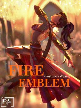 1girl absurdres back bare_legs blue_hair breasts copyright_name crescent crescent_earrings dancer dancing dark-skinned_female dark_skin earrings fire_emblem fire_emblem:_fortune&#039;s_weave gold_choker gold_earrings harem_outfit high_ponytail highres irisli0224 jewelry leda_(fire_emblem) medium_breasts nintendo ponytail stomach