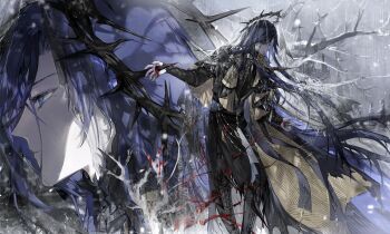 Rule 34 | 1boy, absurdres, bare tree, belt, black cape, black coat, black halo, black pants, black shirt, black veil, bleeding, blood, blood from mouth, blue eyes, blue hair, blue sash, boots, cape, castle, clarence clayden, clarence clayden (dreamland wonder), closed mouth, coat, crown of thorns, curtained hair, feet out of frame, fur-trimmed collar, fur trim, halo, highres, impaled, jin gongmen wo de fengkuang xingqiwu, lace-up boots, long hair, long sleeves, looking down, lovebrush chronicles, male focus, mole, mole under eye, multiple views, open hands, outstretched arms, overcast, pants, pants tucked in, portrait, profile, sash, see-through clothes, see-through veil, shirt, sky, snowing, solo, spread arms, standing, swept bangs, thigh belt, thigh strap, thorns, torn cape, torn clothes, torn coat, torn veil, tree, veil, waist sash, wallet chain, yellow cape