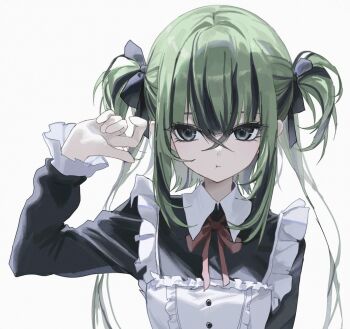 1girl :t apron arm_up black_eyes black_hair black_ribbon black_shirt black_streaks buttons center_frills check_copyright closed_mouth copyright_request crossed_bangs facing_viewer frilled_apron frilled_sleeves frills gegadi hair_between_eyes hair_ribbon highres long_bangs long_hair long_hair_between_eyes looking_to_the_side maid maid_apron multicolored_hair neck_ribbon original portrait pout red_ribbon revision ribbon shirt sidelocks simple_background solo straight-on streaked_hair twintails two-tone_hair two_side_up very_long_hair white_apron white_background wing_collar