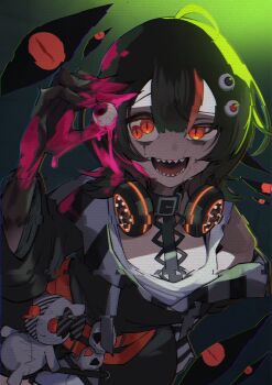 1girl akebi_(akebig117) black_hair black_sweater claws colored_extremities cracked_skin crazy_eyes crazy_smile dark_persona disembodied_eye extra_pupils glitch glowing hand_up headphones headphones_around_neck highres holding_eyeball long_sleeves looking_at_viewer mahou_shoujo_no_majo_saiban mismatched_pupils multicolored_hair open_mouth orange_eyes sawatari_coco sharp_teeth short_hair sidelighting slit_pupils smile solo spoilers stuffed_animal stuffed_cat stuffed_toy sweater teeth uneven_eyes