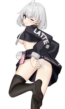 1girl absurdres ass blue_eyes blush breasts feet highres looking_at_viewer medium_breasts medium_hair one_eye_closed original panties pantyshot parted_lips see-through_clothes see-through_legwear silver_hair soles solo stocking toes underboob underwear