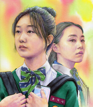 Rule 34 | 2girls, all of us are dead, backpack, bag, black hair, blue eyes, bow, brown eyes, cellphone, commentary request, hair bun, holding, holding phone, hyosan high school uniform, juna (junastern), korean text, mixed-language commentary, multiple girls, nam on-jo, painting (medium), phone, school uniform, simple background, striped bow, traditional media, translation request, watercolor (medium), yoon i-sak