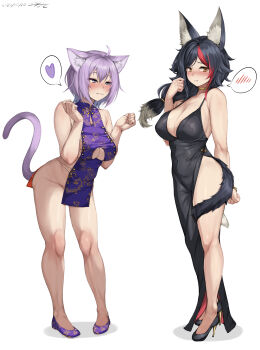 2girls absurdres ahoge animal_ears black_dress black_hair black_shoes black_tail blush breasts cat_ears cat_girl cat_tail cleavage closed_mouth collarbone covered_navel dated dress groin heart highres hololive large_breasts long_hair medium_hair midnight_(midnightstream3) multicolored_hair multiple_girls nekomata_okayu ookami_mio purple_dress purple_eyes purple_hair purple_shoes purple_tail red_hair shoes signature simple_background smile spoken_blush spoken_heart streaked_hair tail take_your_pick thighs two-tone_hair virtual_youtuber white_background wolf_ears wolf_girl wolf_tail