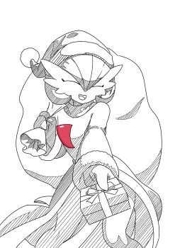 1girl ^_^ absurdres arm_up bob_cut box christmas closed_eyes clothed_pokemon facing_viewer female_focus fur-trimmed_hat fur-trimmed_sleeves fur_trim gardevoir gen_3_pokemon gift gift_box greyscale hair_between_eyes hand_up happy hat highres holding holding_gift holding_sack incoming_gift long_sleeves monochrome nintendo open_mouth outstretched_arm over_shoulder pokemon pokemon_(creature) pom_pom_(clothes) ronaldor sack santa_costume santa_hat shirt short_hair simple_background smile solo spot_color turtleneck turtleneck_shirt white_background