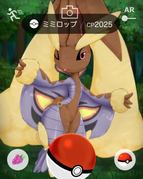 1girl :3 animal_nose arbok arbok_(cosplay) arms_up berry_(pokemon) blurry blurry_background body_fur brown_fur character_name clothed_pokemon cosplay day fake_screenshot female_focus flat_chest forest gen_1_pokemon gen_4_pokemon grass groin half-closed_eyes highres japanese_text long_animal_ears long_sleeves looking_at_viewer lopunny nature nintendo npozane o-ring one_eye_closed open_mouth outdoors pear-shaped_figure poke_ball poke_ball_(basic) poke_ball_symbol pokemon pokemon_(creature) pokemon_go rabbit_ears rabbit_girl rabbit_tail razz_berry short_tail solo tail thick_thighs thighs tongue tongue_out translated tree two-tone_fur user_interface wide_hips wink yellow_fur