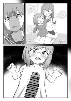 1futa 2girls age_difference bar_censor censored closed_eyes erection futa_with_female futanari huge_penis imminent_penetration imminent_rape loli long_hair medium_hair monochrome multiple_girls open_mouth original penis scared school_uniform sweat