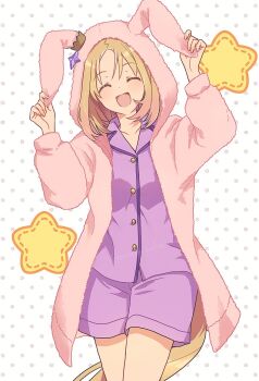 1girl animal_ears blonde_hair blush breasts closed_eyes collarbone ear_covers ear_ornament facing_viewer hood hood_up hooded_robe horse_ears horse_girl horse_tail long_sleeves narita_top_road_(umamusume) nnmkmwakaranai open_clothes open_mouth open_robe pajamas pink_robe purple_pajamas purple_shirt purple_shorts robe shirt short_hair shorts smile solo star_(symbol) tail umamusume