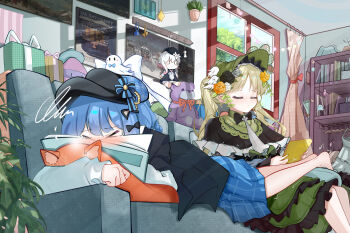Rule 34 | 2girls, absurdly detailed composition, absurdres, banbanban li, barefoot, black capelet, black hat, blue hair, blush, bookshelf, box, calendar (object), capelet, checkered clothes, checkered skirt, commentary request, dress, frilled dress, frills, full-face blush, full body, gift, gift box, green hair, green hat, hair between eyes, hat, highres, loaded interior, long hair, lying, mahou shoujo no majo saiban, medium hair, multiple girls, on stomach, plant, poster (object), potted plant, skirt, stuffed animal, stuffed cat, stuffed toy, tachibana sherry, teddy bear, tono hanna, twintails, victorian, window, yuri