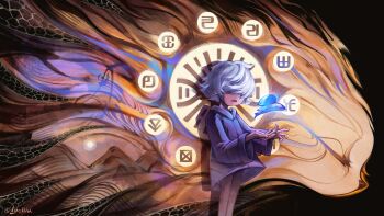 1boy :o animal artist_name closed_eyes coat cowboy_shot highres lycillu nine_sols open_mouth purple_coat short_hair shuanshuan_(nine_sols) solo standing white_hair