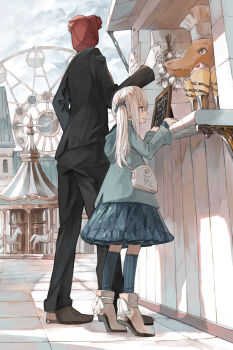1boy 1girl absurdres amusement_park aqua_coat bag black_jacket black_pants black_suit blue_bow blue_skirt blue_socks bow brown_footwear building carousel chalkboard_sign chef_hat cloud cloudy_sky coat commentary crepe day ferris_wheel flower flower_head food food_stand footwear_bow formal_clothes gloves hair_between_eyes hair_bow handbag hat highres jacket lizardman long_hair long_sideburns nakamura_haco orange_scales original outdoors pants ponytail profile red_flower red_rose rose shiny_skirt sideburns sign skirt sky slice_of_life socks stone_floor suit sunlight tiptoes white_bow white_gloves white_hat