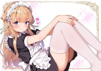 1girl absurdres alternate_costume apron black_dress blonde_hair blunt_bangs commentary_request dress enmaided feet_out_of_frame fletcher_(kancolle) folded_hair frilled_apron frills good_thighs_day highres himura_moritaka kantai_collection looking_at_viewer maid maid_headdress purple_eyes sitting smile solo thighhighs white_apron white_background white_thighhighs