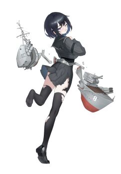 1girl absurdres black_hair black_shoes black_thighhighs cannon crop_top damaged feet full_body hair_behind_ear highres jerry_wang loafers long_sleeves looking_at_viewer machinery mast mecha_musume medium_hair one_eye_closed open_mouth original pleated_skirt purple_eyes rigging sailor_collar school_uniform serafuku ship_turret shirt shoes short_hair simple_background single_shoe skindentation skirt soles solo standing standing_on_one_leg tachi-e thighhighs toes torn_clothes torn_shirt torn_skirt torn_thighhighs torpedo_launcher torpedo_tubes warship_girls_r white_background zettai_ryouiki