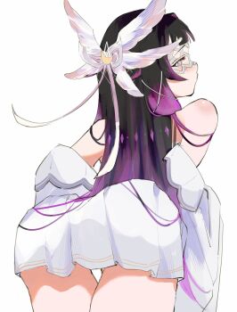 1girl absurdres ass bare_shoulders black_hair blush columbina_(genshin_impact) commentary_request dress eye_mask genshin_impact hair_wings highres leaning_forward long_hair looking_at_viewer looking_back mask multicolored_hair purple_hair sa_3987 simple_background solo two-tone_hair unusually_open_eyes very_long_hair white_background white_dress white_wings wings