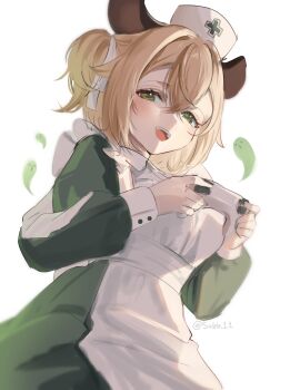 1girl animal_ears apron brown_hair controller dress game_controller green_dress green_eyes hair_ribbon hat highres holding holding_controller holding_game_controller indie_virtual_youtuber long_sleeves naplings_(nimi_nightmare) nimi_nightmare nimi_nightmare_(1st_costume) nurse_cap open_mouth ribbon sobbi11 solo tapir_ears tapir_girl twitter_username virtual_youtuber white_apron white_background white_hat white_ribbon