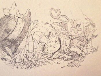 1girl flower grass hat komeiji_koishi lying menotama monochrome on_side rain smile solo touhou traditional_media