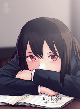 1girl black_hair black_jacket blazer blush book drawing_(object) head_rest highres hirasawa_yui indoors jacket k-on! long_hair long_sleeves nakano_azusa notebook open_book red_eyes sakuragaoka_high_school_uniform school_uniform solo taqi99 twintails winter_uniform