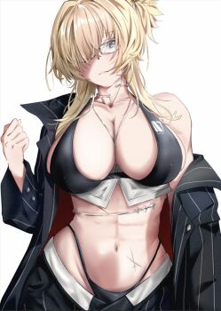 1girl abs belly_chain bikini black_bikini black_jacket black_pants blonde_hair blue_eyes breasts cleavage closed_mouth collar collarbone commentary cowboy_shot formal_clothes glasses goddess_of_victory:_nikke grave_(beautiful_you)_(nikke) grave_(nikke) groin hair_between_eyes hair_intakes hair_over_one_eye hand_up highleg highleg_bikini jacket jewelry large_breasts long_hair looking_at_viewer metal_collar multiple_scars navel necklace_between_breasts official_alternate_costume open_clothes open_jacket pants pinstripe_jacket pinstripe_pants pinstripe_pattern pinstripe_suit ponytail r_kt scar scar_on_stomach short_ponytail sidelocks simple_background single_bare_shoulder solo standing stomach suit swimsuit white_background