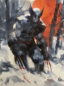 1boy arm_hair bare_tree belt bodysuit claw_(weapon) forest gloves grey_bodysuit highres male_focus marvel mask multicolored_bodysuit muscular muscular_male nature partially_colored snow solo superhero_costume tree two-tone_bodysuit viktor_farro weapon winter wolverine_(x-men) x-men