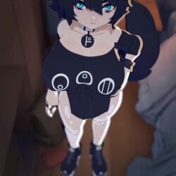 1girl 3d amplected animal_ears animated aqua_eyes bandaid bandaid_on_knee bandaid_on_leg black_hair black_nails black_shirt boob_drop bottomless bouncing_breasts bracelet breasts clothes_lift commission expressionless female_focus fingernails huge_breasts indoors jewelry large_breasts looking_at_viewer nipples pussy raine_(zana) shirt shirt_lift shortstack solo standing tagme tail video wolf_ears wolf_girl wolf_tail zanamaoria