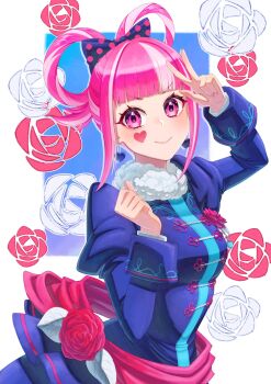 Rule 34 | 1girl, aduti momoyama, blue dress, blunt bangs, blush, bow, breasts, closed mouth, commentary request, dress, facial mark, fire emblem, fire emblem engage, fire emblem heroes, floral print, floral print dress, flower, hair bow, hair rings, heart, heart facial mark, highres, hortensia (cutesplosion) (fire emblem), hortensia (fire emblem), long sleeves, looking at viewer, medium breasts, multicolored hair, nintendo, official alternate costume, pink eyes, pink hair, polka dot, polka dot bow, print dress, smile, solo, two-tone hair, w